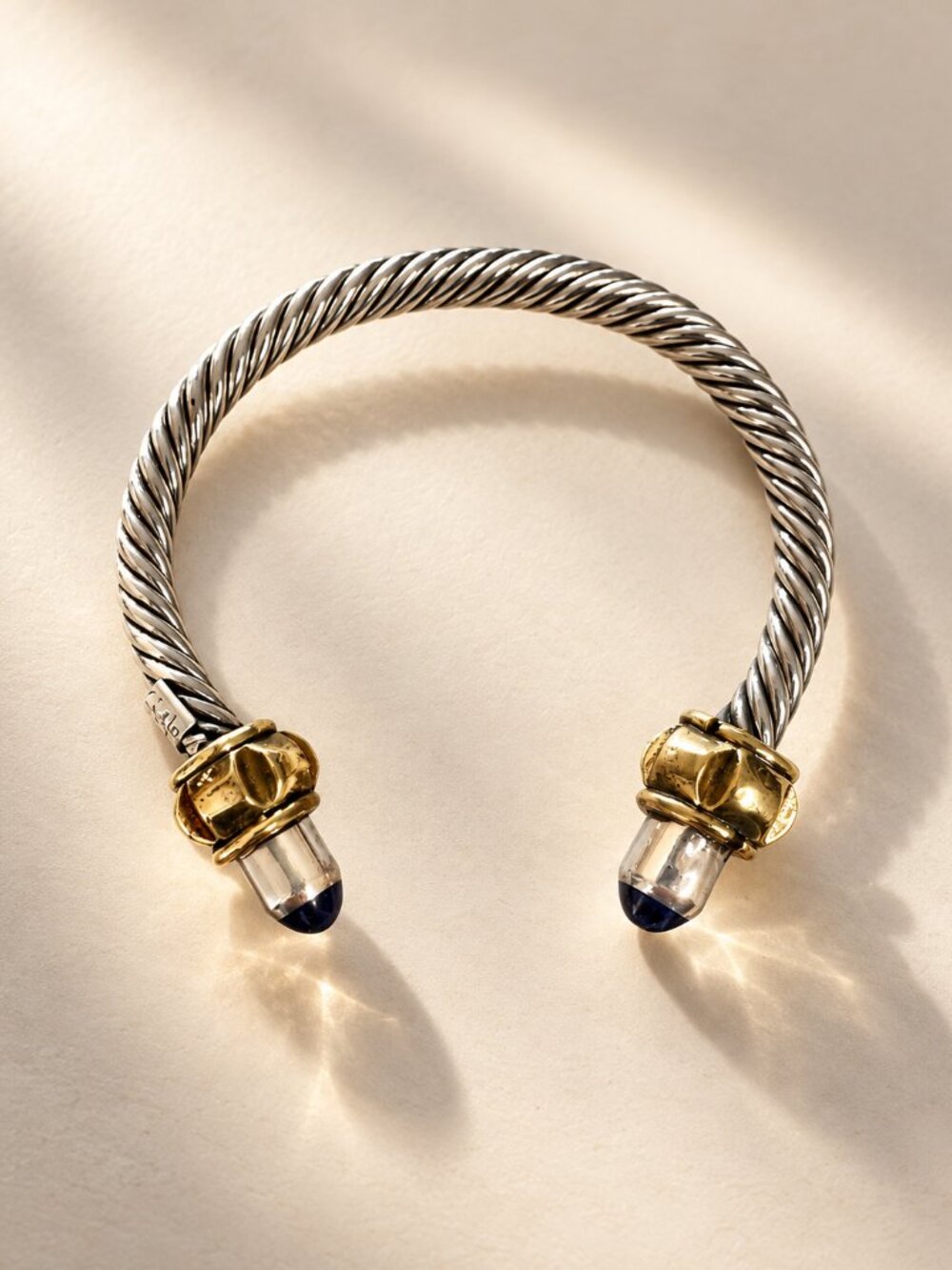 Mexico 925 Sterling Silver Brass Cable Cuff Bracelet Blue Cabochon Ends 42.9g